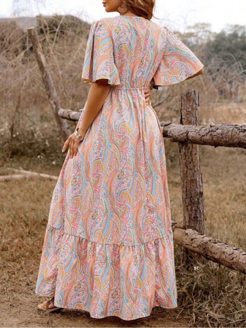 Paisley Boho Maxi Dress | Flutter Sleeve | Elastic Waist | 0XL - Picture 2 of 8